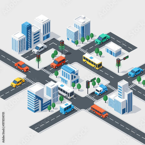 Isometric Cityscape Illustration with Buildings, Roads, and Vehicles.