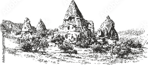 Ancient cave dwellings carved in rocky landscape with sparse vegetation and rugged terrain