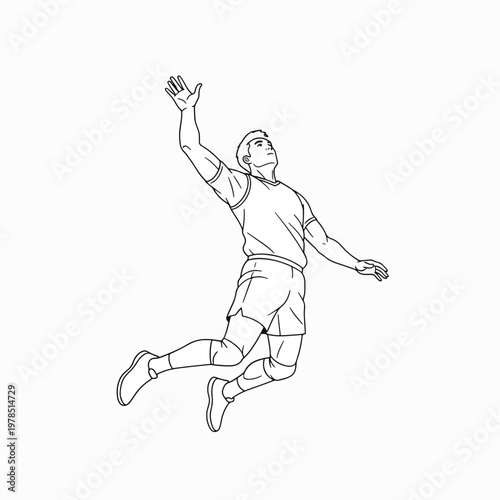 A male volleyball player in mid-air, jumping to hit the ball with his hand, wearing athletic clothing, against a plain white background with a dynamic and energetic mood.