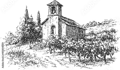 Small countryside chapel with bell tower surrounded by vineyard and trees on a hill