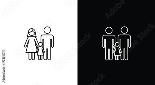 A minimalist depiction of a family mother father and two children shown in both white and black variations