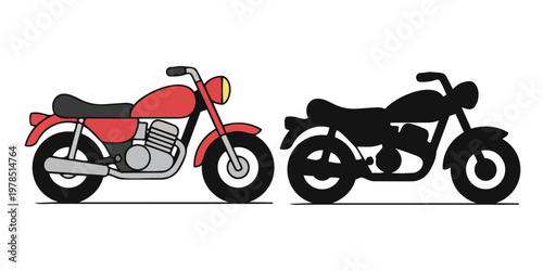 Classic red motorcycle illustration with black silhouette version isolated