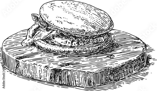 Hand drawn sandwich on rustic wooden cutting board, detailed vintage sketch of bread and filling