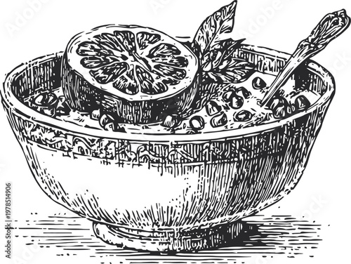 Bowl of oatmeal with fruit slice and spoon healthy breakfast with berries and citrus