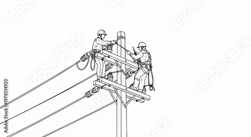 Two utility workers in hard hats and safety harnesses performing repairs on a power line pole