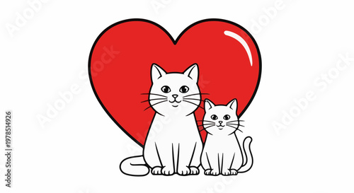 Two white cats sit in front of a large red heart