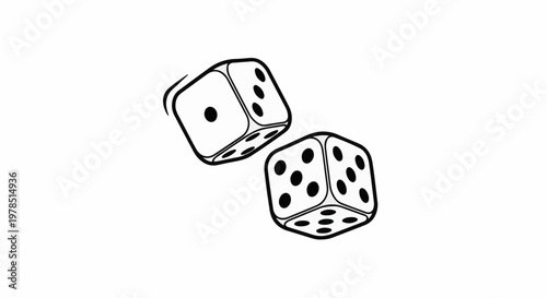 Two white dice with black pips, one in the air, the other on a surface