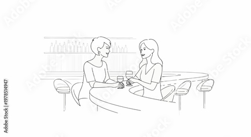 Two women converse over drinks at a bar with bottles on shelves behind