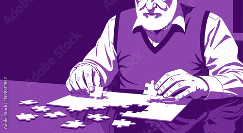 Elderly man's hands engaging in a jigsaw puzzle, a cognitive exercise for improving memory and combating symptoms of Alzheimer's disease, monochrome.