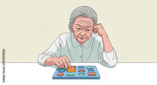Elderly woman engaging in a shape-sorting cognitive game, promoting brain stimulation and aiding memory for individuals with Alzheimer's disease.