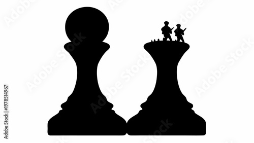 Silhouette of two chess pieces with people on one symbolizing strategy and conflict on a battlefield