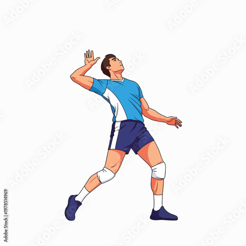 Illustration of a volleyball player in action, serving with his right hand, wearing a blue jersey and knee pads on a plain white background.