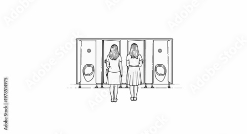 Two women stand in front of urinals in a bathroom, a minimalist illustration
