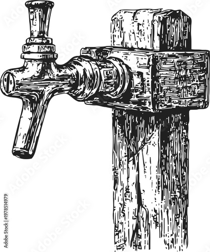 Vintage beer tap faucet on wooden post hand drawn illustration of draft beer dispenser handle and spout