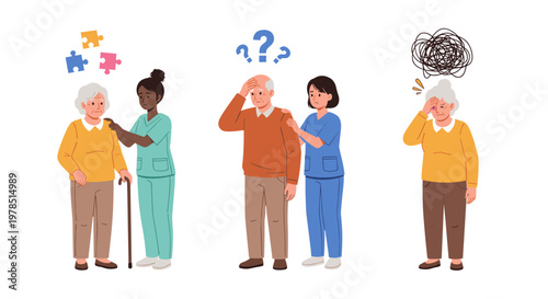 Various depictions of elderly people experiencing memory loss, confusion, and cognitive decline, with caregivers providing support for Alzheimer's disease.