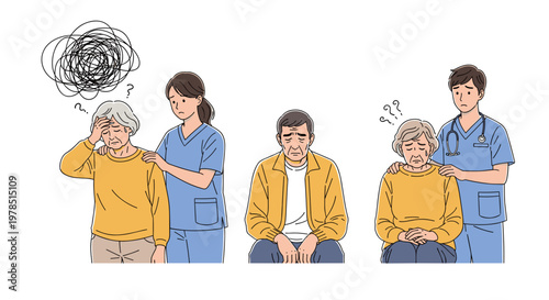 Various elderly individuals experiencing cognitive challenges like confusion and memory issues, with caregivers offering compassionate support for Alzheimer's disease.