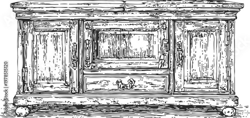 vintage wooden sideboard with drawers and cabinet doors, classic rustic furniture illustration