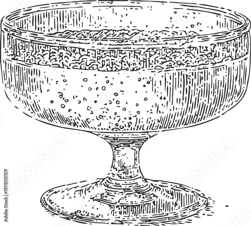 Vintage hand drawn dessert bowl with pudding or mousse, classic serving dish illustration