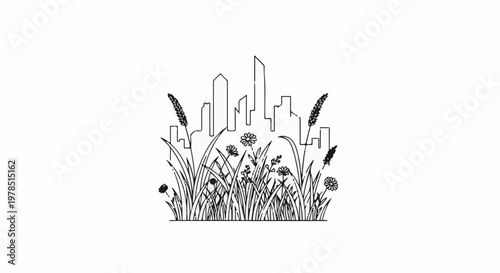 Urban skyline emerges from a field of wildflowers and grasses