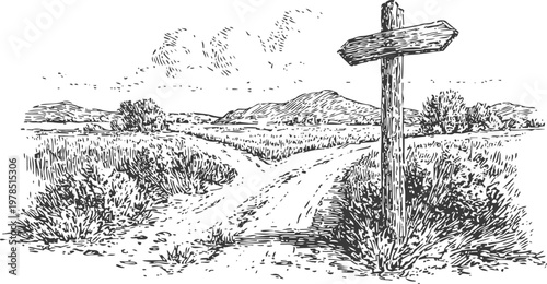 Rustic countryside path with wooden signpost at crossroads surrounded by shrubs and distant hills