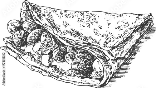 Hand drawn mushroom wrap with fresh vegetables, healthy vegan food illustration, organic meal concept