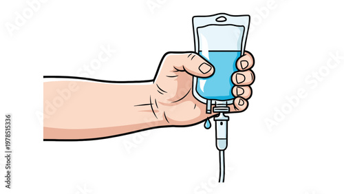 Close-up of a human hand holding an intravenous (IV) fluid bag with blue liquid, a drip falling, representing medical treatment and patient care.