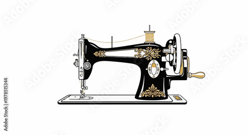 Vintage black sewing machine with ornate gold details and a spool of thread