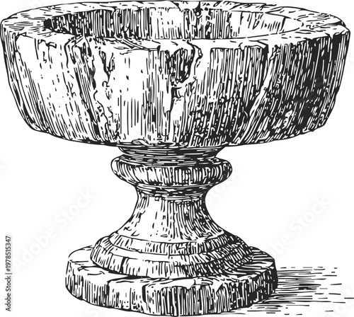 Antique wooden chalice bowl with a carved pedestal base, vintage rustic container illustration