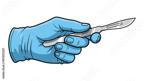 Close-up of a surgeon's hand in a light blue medical glove holding a sharp silver scalpel, ready for a precise surgical procedure.