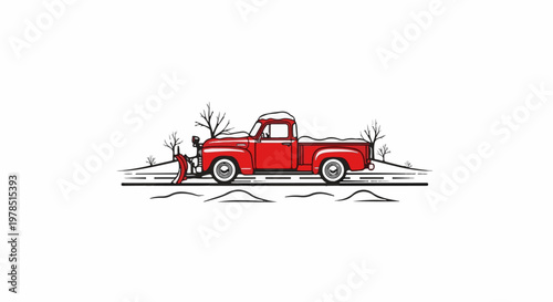 Vintage red snow plow truck in a winter scene with bare trees