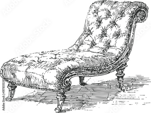 Vintage chaise lounge chair with tufted upholstery and carved wooden legs, classic furniture design