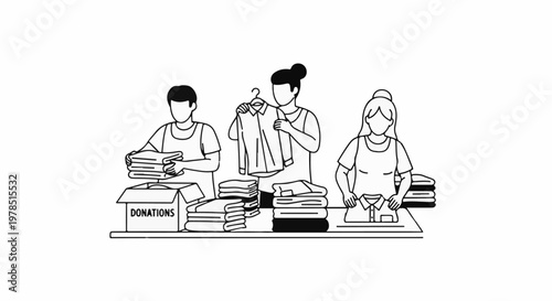 Volunteers sort and fold clothes for donation