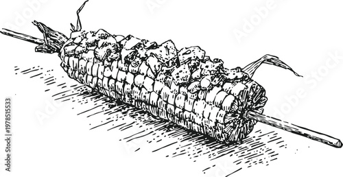 grilled corn on the cob with seasoning on a skewer, rustic ink drawing with textured shading
