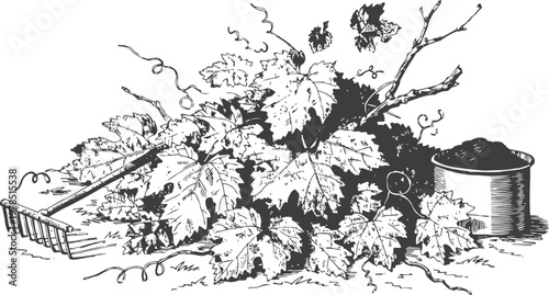 Grapevine pruning and soil preparation with rake and bucket for vineyard maintenance