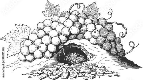 hand drawn bunch of grapes with leaves and broken hollow log detailed black and white sketch