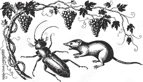 Vintage black and white illustration of a beetle and a rat under grapevine with foliage and bunches of grapes
