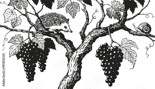 Black and white drawing of a hedgehog on grapevine branch with grapes and a snail in vintage