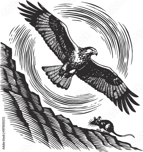 eagle soaring above rocky cliff, hunting small mouse wild nature predator and prey scene with detailed wing feathers and dynamic motion