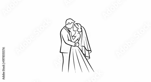 Wedding couple embracing, outlined in black and white