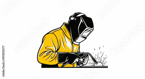 Welder in protective gear performs welding with sparks flying