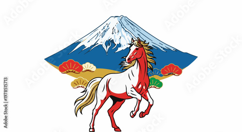 White and red horse leaps with snowy peak mountain and decorative fans