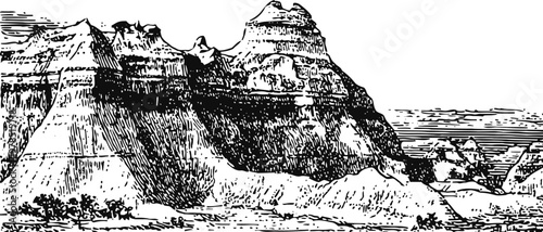 Vintage black and white illustration of rocky mountain landscape with cliffs and desert vegetation