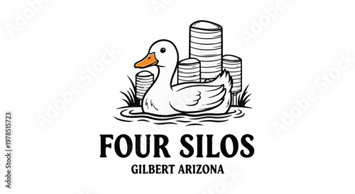 White duck with orange beak swims in water near cylindrical structures