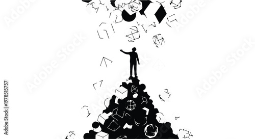 man standing on pile of trash reaching for success