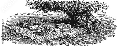 Vintage picnic scene under a large tree with basket, plates, cups, and blanket