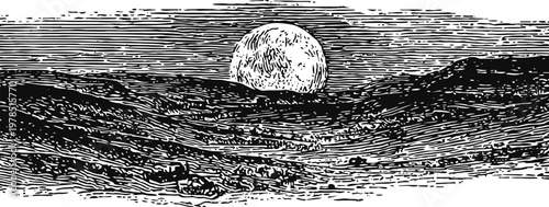 full moon rising over mountainous landscape at night black and white engraved nature scene