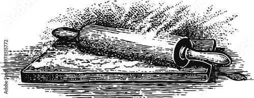 Vintage rolling pin on textured dough, traditional baking tools illustration