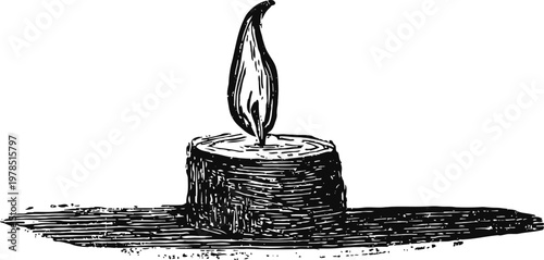 Vintage candle illustration with flame on a flat surface, black and white sketch drawing