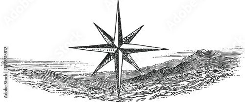 Vintage nautical compass rose illustration with intricate shading and ocean waves background