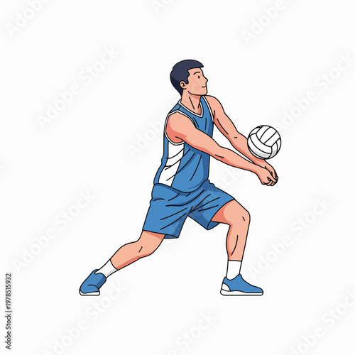 Illustration of a male volleyball player in a blue uniform preparing to serve a ball on a plain white background with a focused expression.